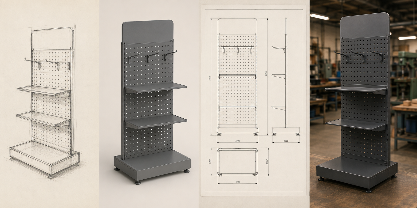 Samma butiksställ som handskiss, 3D-modell, tillverkningsritning och färdig plåtprodukt