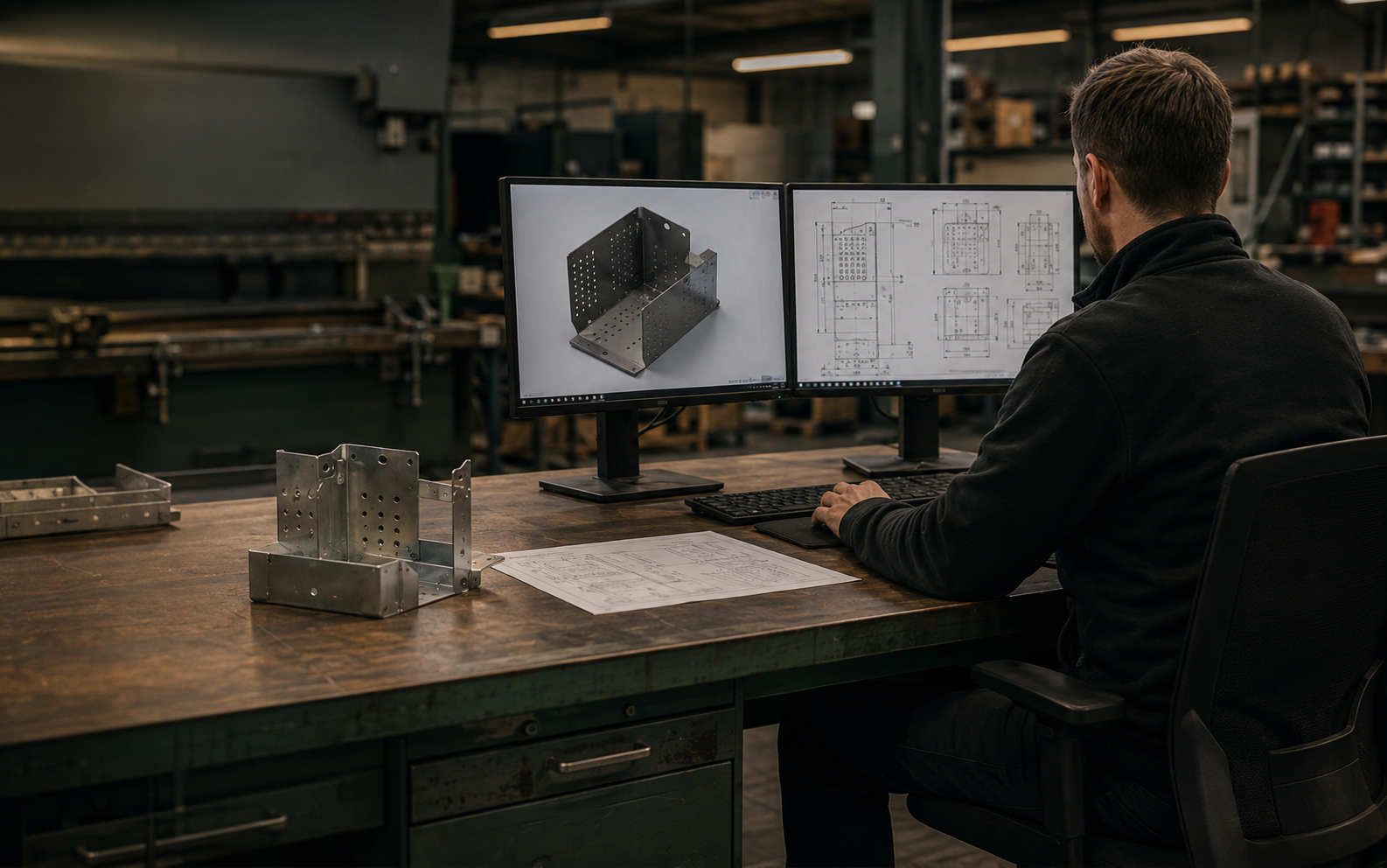Konstruktör arbetar med plåtdetalj, 3D-modell och tillverkningsritning i en verkstad